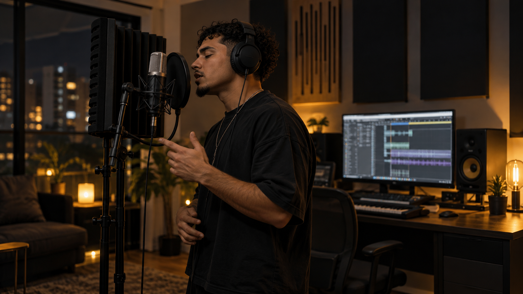 Artista grabando voces desde su espacio para un proyecto musical remoto