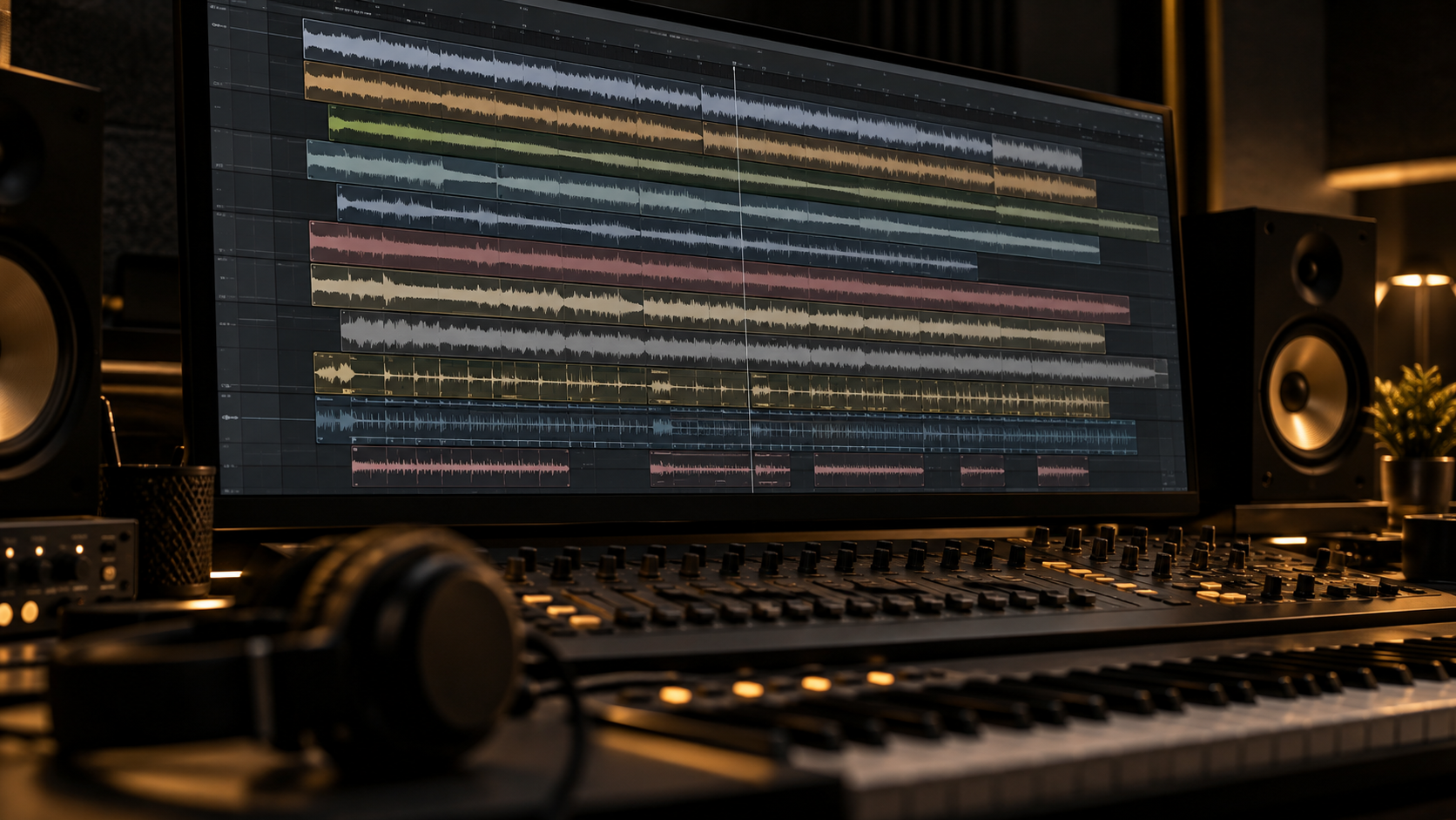 Stems de audio organizados en una sesión de mezcla